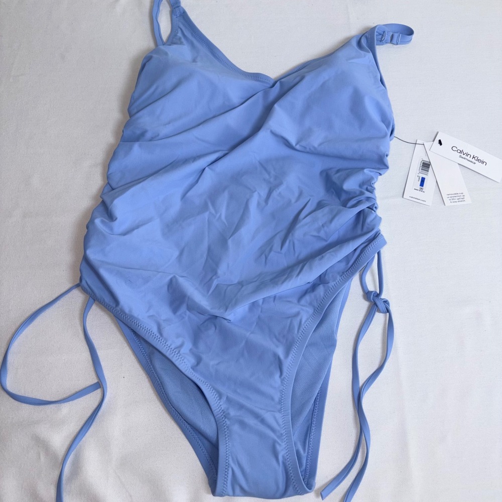 Calvin Klein One Piece Swimsuit XL Blue New Ruched Side Tie V-Neck CG8MS887